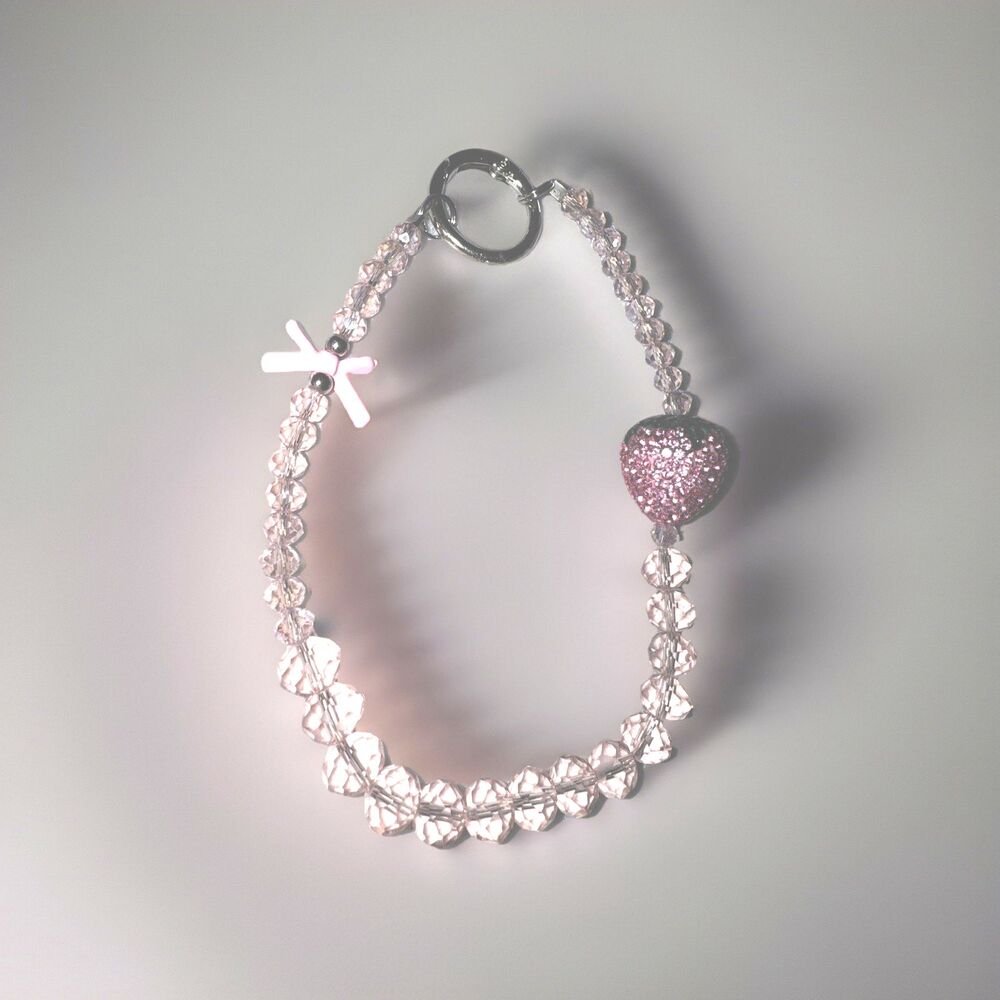 Pink Strawberry Purse Charm Key Chain Phone Lanyard - Crystal Beads  - Bow Charm